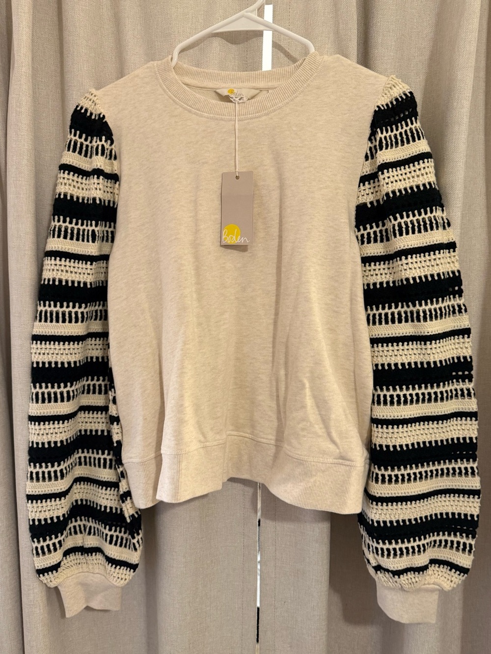 Boden Crochet Trim Sweatshirt Ivory Black Striped Balloon Sleeves NWT 10